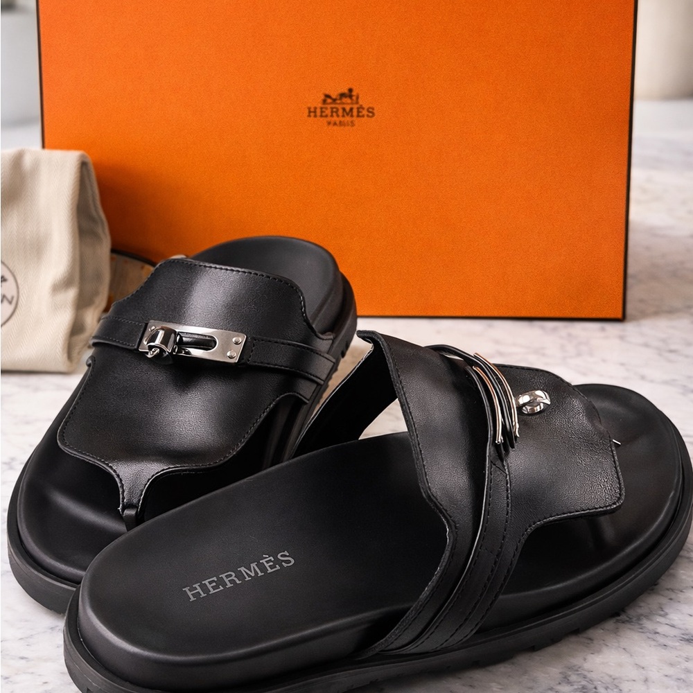 Hermes Kelly Black Leather Women's Sandals